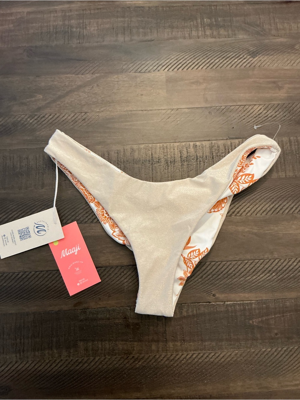 Maaji Reversible Swim Bottom in Shimmery Cream and Orange Leaf Print